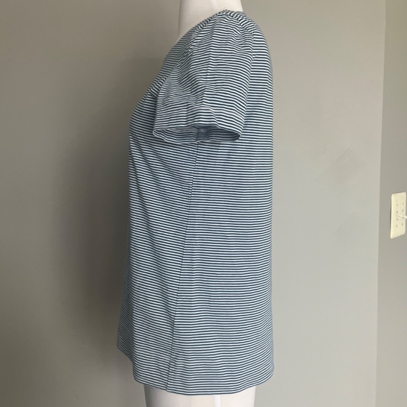 Lafayette 148 Kim Cotton Mini Stripe Roundneck Casual T-Shirt Top White Teal - Picture 9 of 13